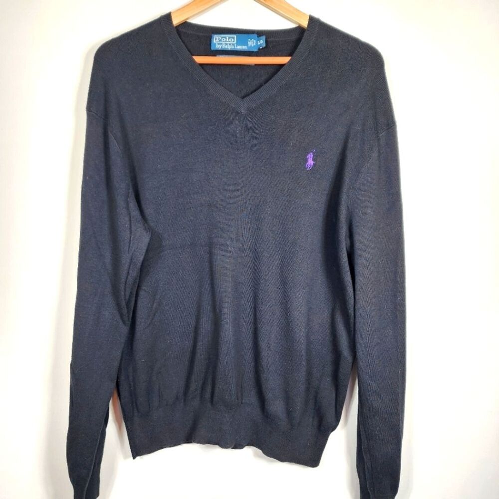 Men's Polo by Ralph Lauren 100% Pima Cotton Vneck Black Sweater Size Large